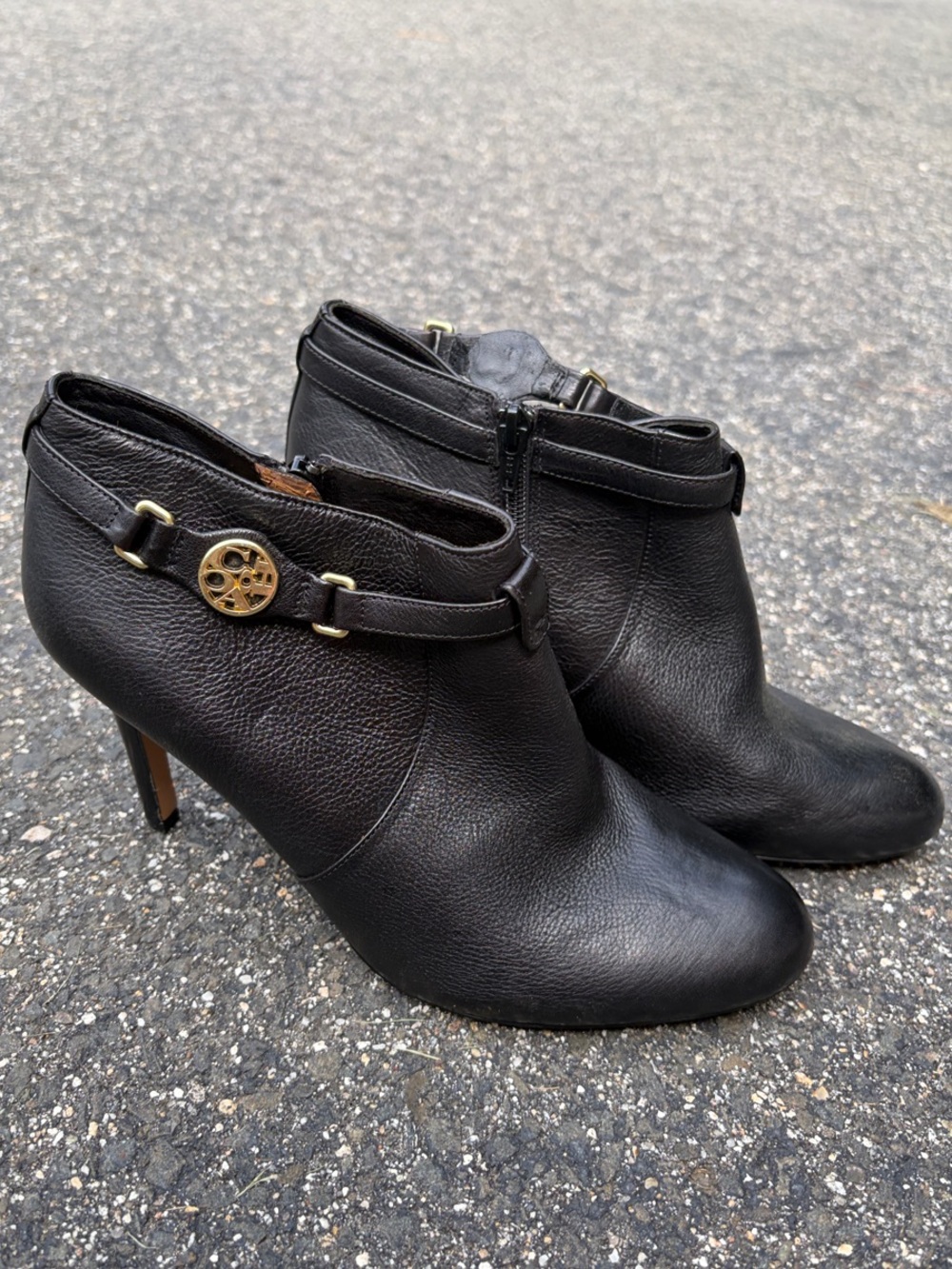 Coach Black Leather Ankle Booties with Gold-Tone Logo Accent